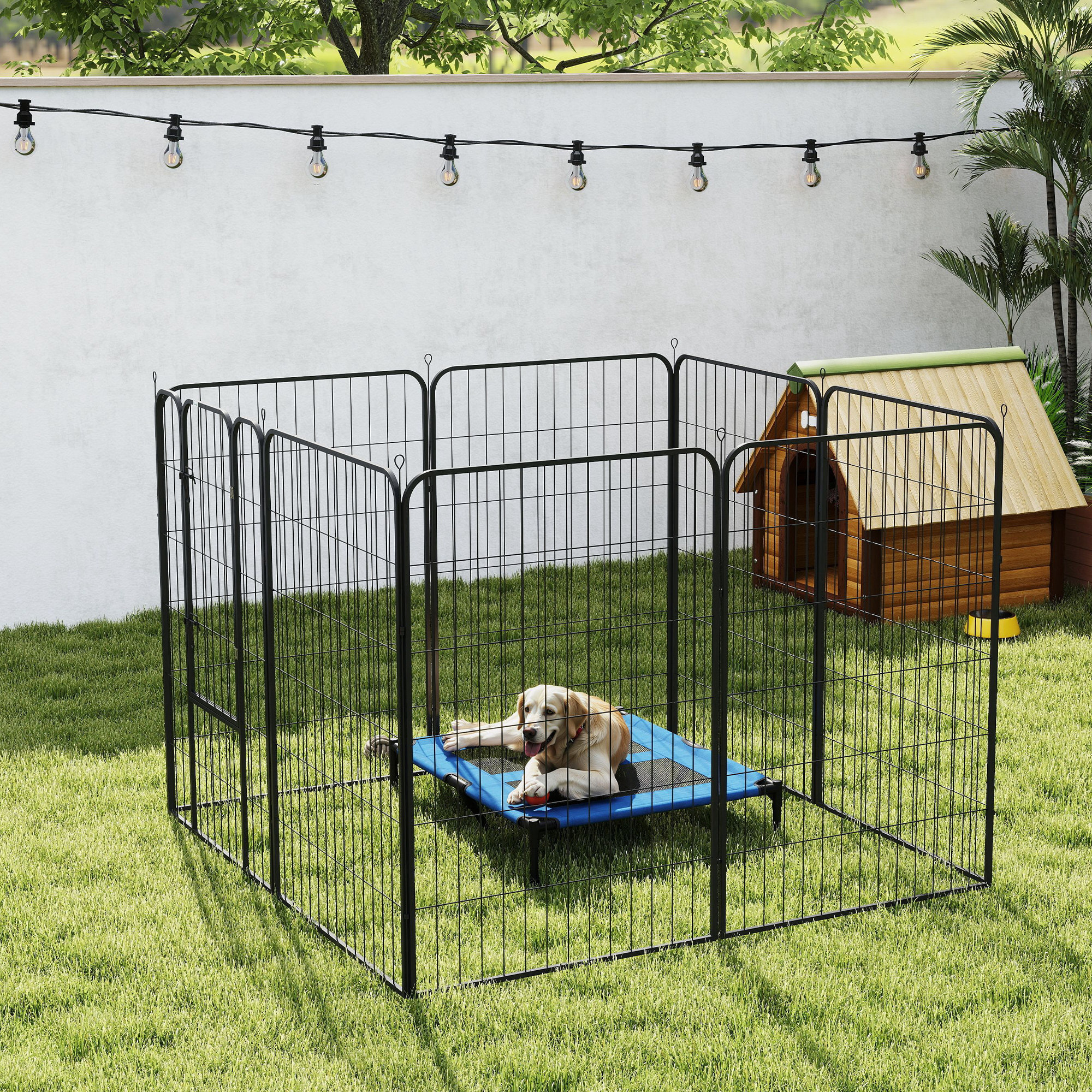 Parque para Mascotas Vallas para Perros de 8 Paneles 80x120 cm con Puerta y Doble Pestillo Corralito para Perros Grandes Medianos y Pequeños de Acero para Interior y Exterior Negro