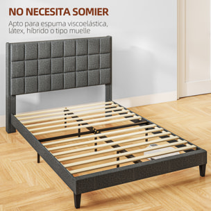 Cama 135x190 cm Estructura de Cama Somier con Cabecera Tapizada de Lino y Espacio de Almacenamiento Debajo de la Cama Carga 300 kg Gris