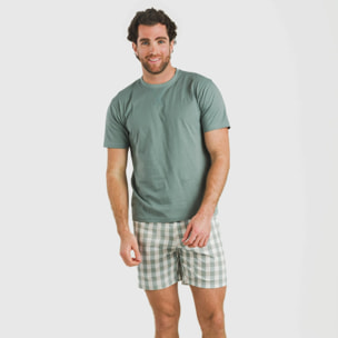 Pijama corto algodón hombre Cuadro Poli Verde Azulado