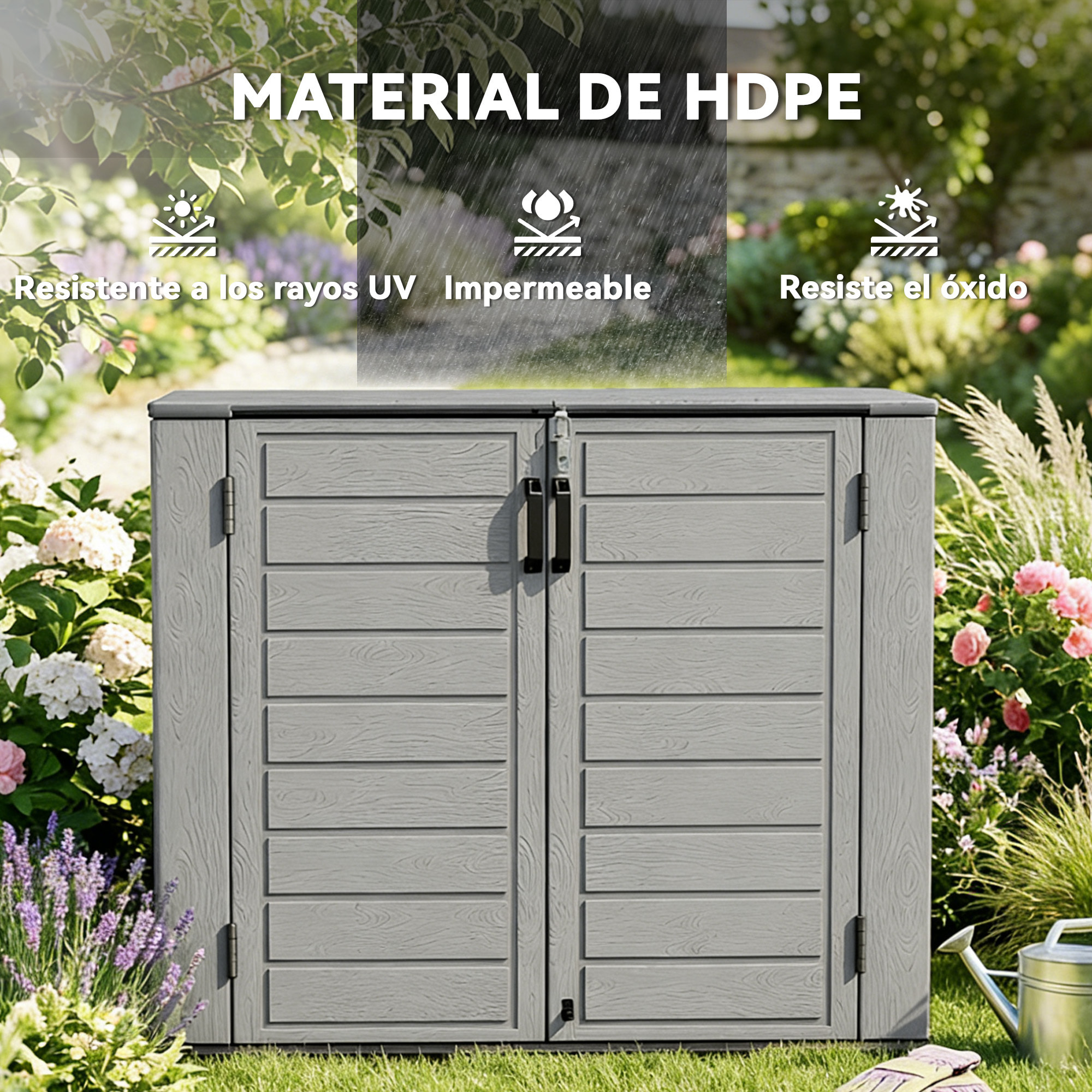 Armario de Exterior de HDPE, 940L, Caseta de Jardín Exterior con Tapa Abatible, 2 Puertas, Cerradura, Cobertizo de Jardín para Almacenaje Herramientas, 142x67x119 cm, Gris Claro