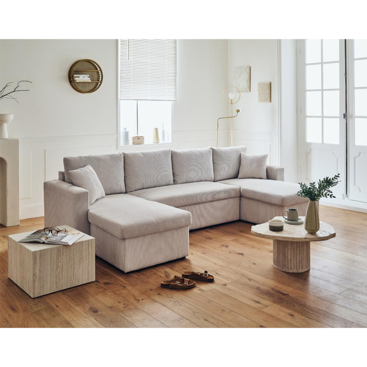 Cyrus - canapé panoramique en U - 7 places - convertible avec coffre - en velours côtelé - Beige