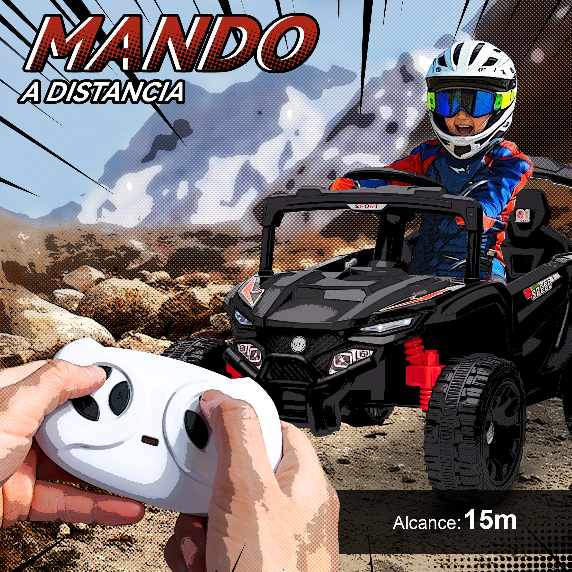 Coche Eléctrico para Niños 12V, Coche de Batería UTV con 2 Motores, Control Remoto 2,4G, 3-5 km/h, Suspensión Trasera, Faros, Música, para Niños de 3-5 Años, Negro