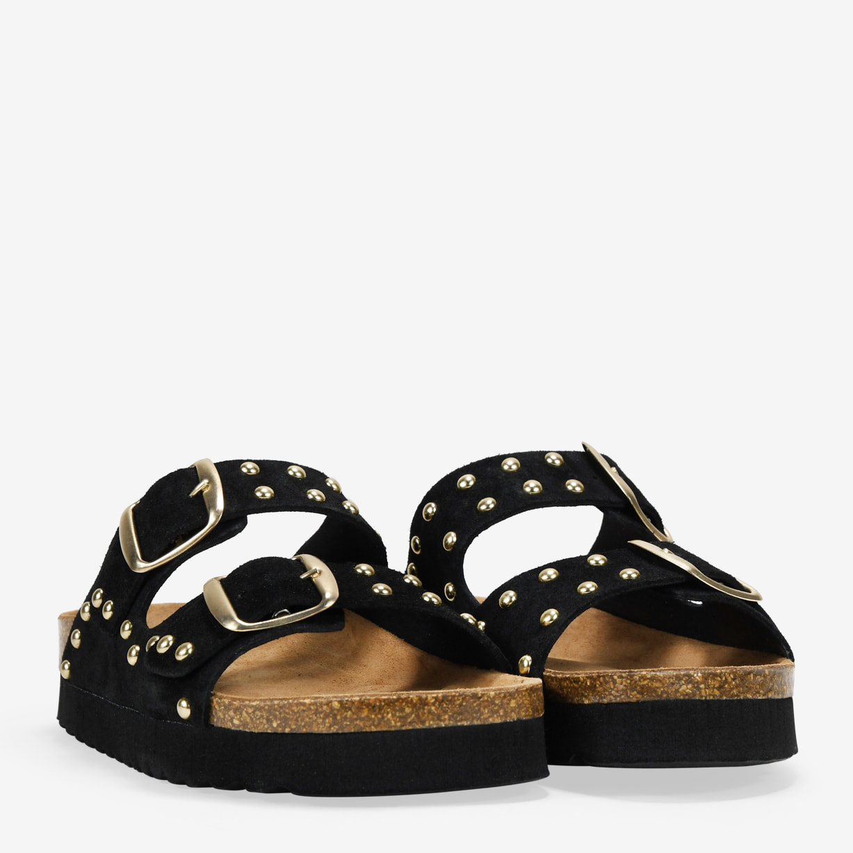 Sandalias de plataforma negras en piel con hebillas y tachas metálicas