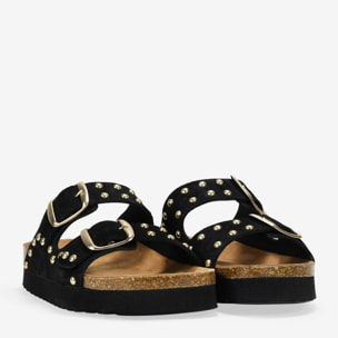 Sandalias de plataforma negras en piel con hebillas y tachas metálicas