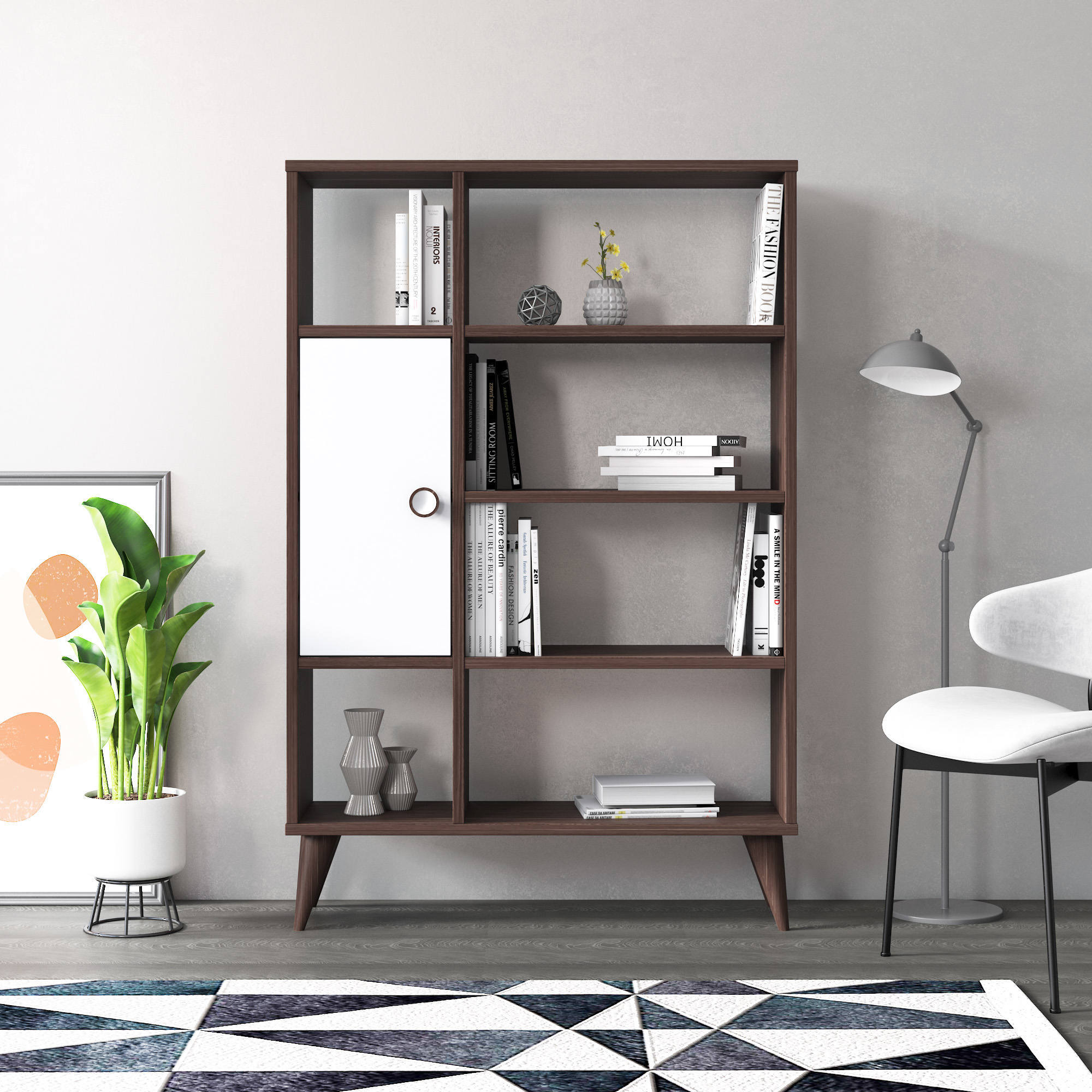 Libreria essenziale con sei scomparti aperti e un'anta battente, cm 80 x 25 x 121, colore noce con dettaglio bianco