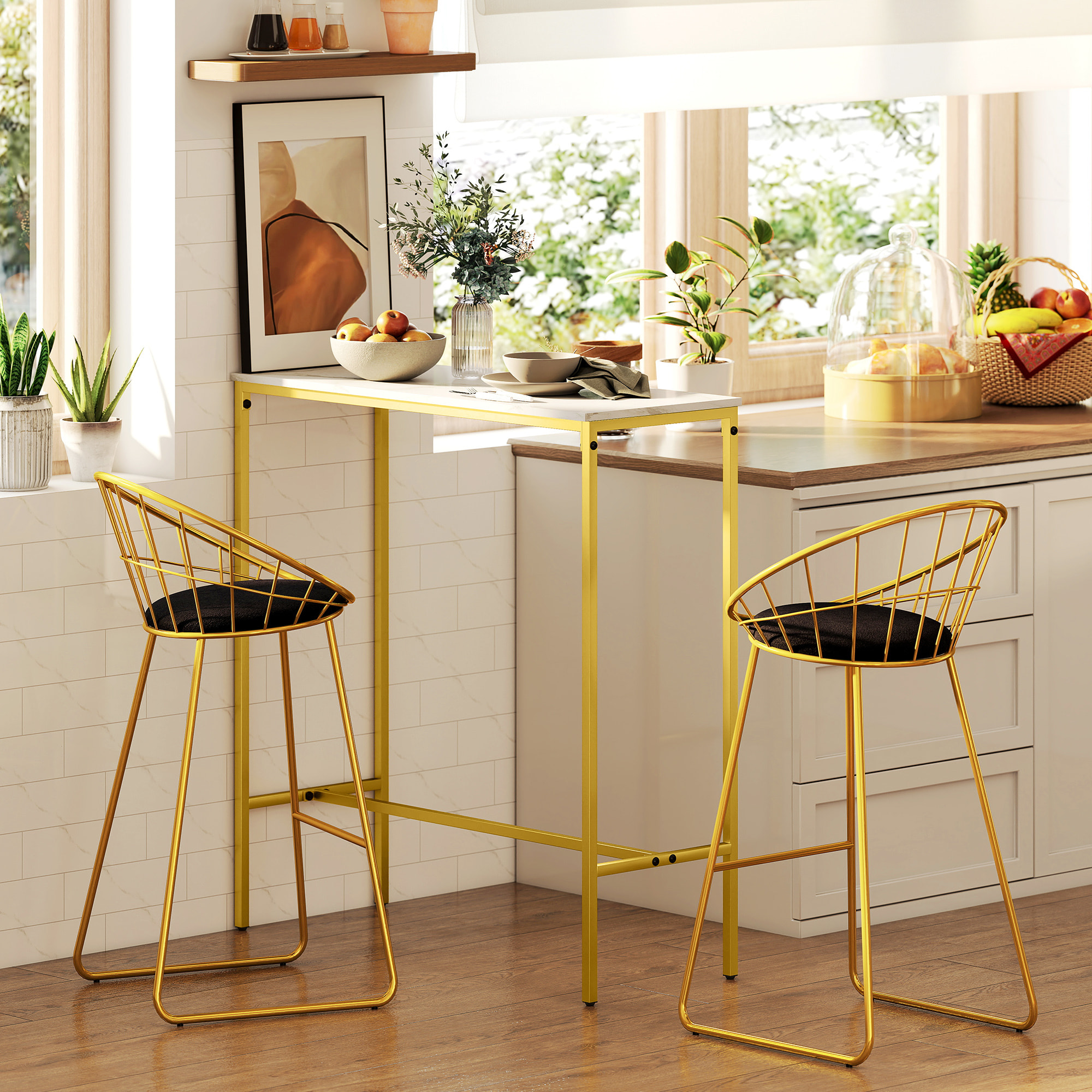 Table de bar mange-debout table haute dim. 100 x 40 x 107 cm acier doré plateau effet marbre blanc