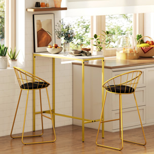 Table de bar mange-debout table haute dim. 100 x 40 x 107 cm acier doré plateau effet marbre blanc