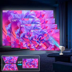 Mini proyector LCD regulable 180º. Wifi 6, duplicación de pantalla, 1080p con hasta 300 pulgadas de proyección y enfoque manual.