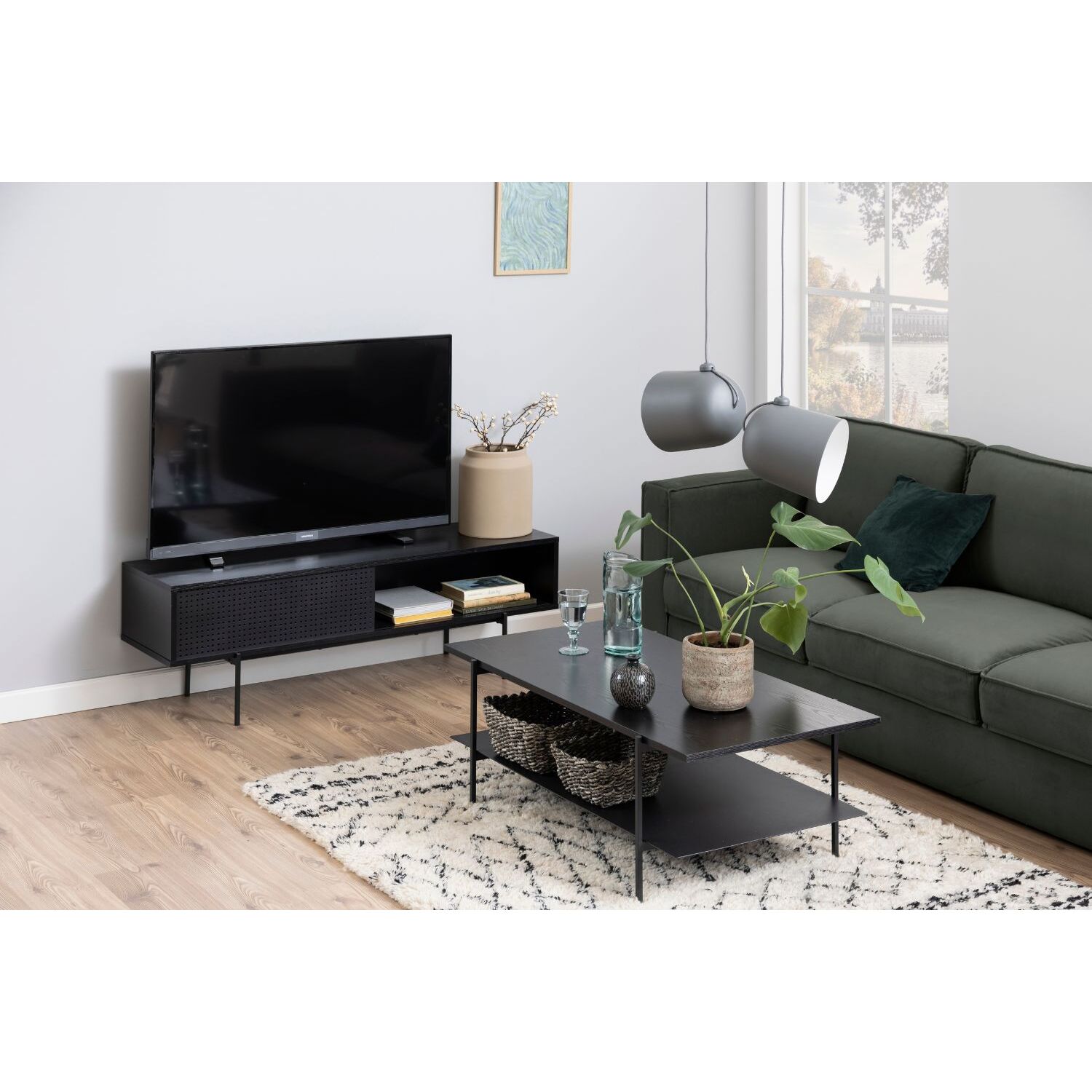 Meuble TV noir avec porte coulissante et 1 niche METTY