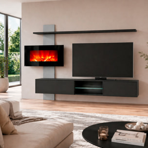 Parete Attrezzata Soggiorno Mobile Tv Biocamino Led Mensola Design Living Arredo Casa Contenitore Vetro Push Click 250 x 170 x 40 Cm Nero E Grigio