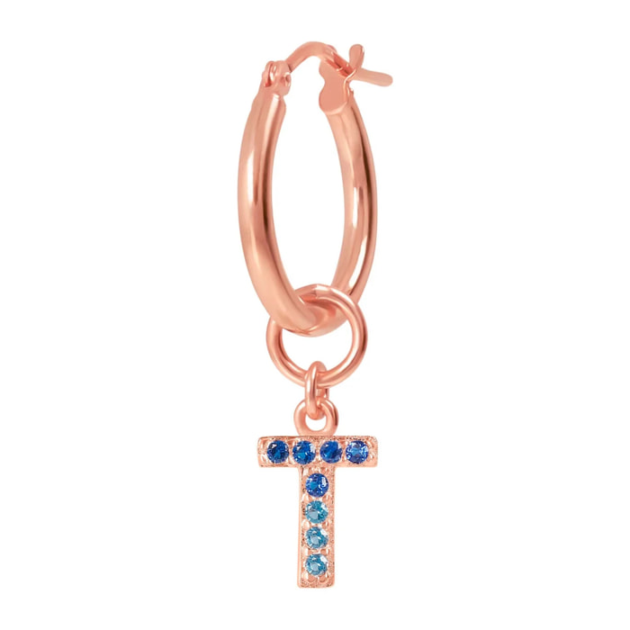 Orecchino a Cerchio con Ciondolo Lettera T in Pavé di Cubic Zirconia Bianche
