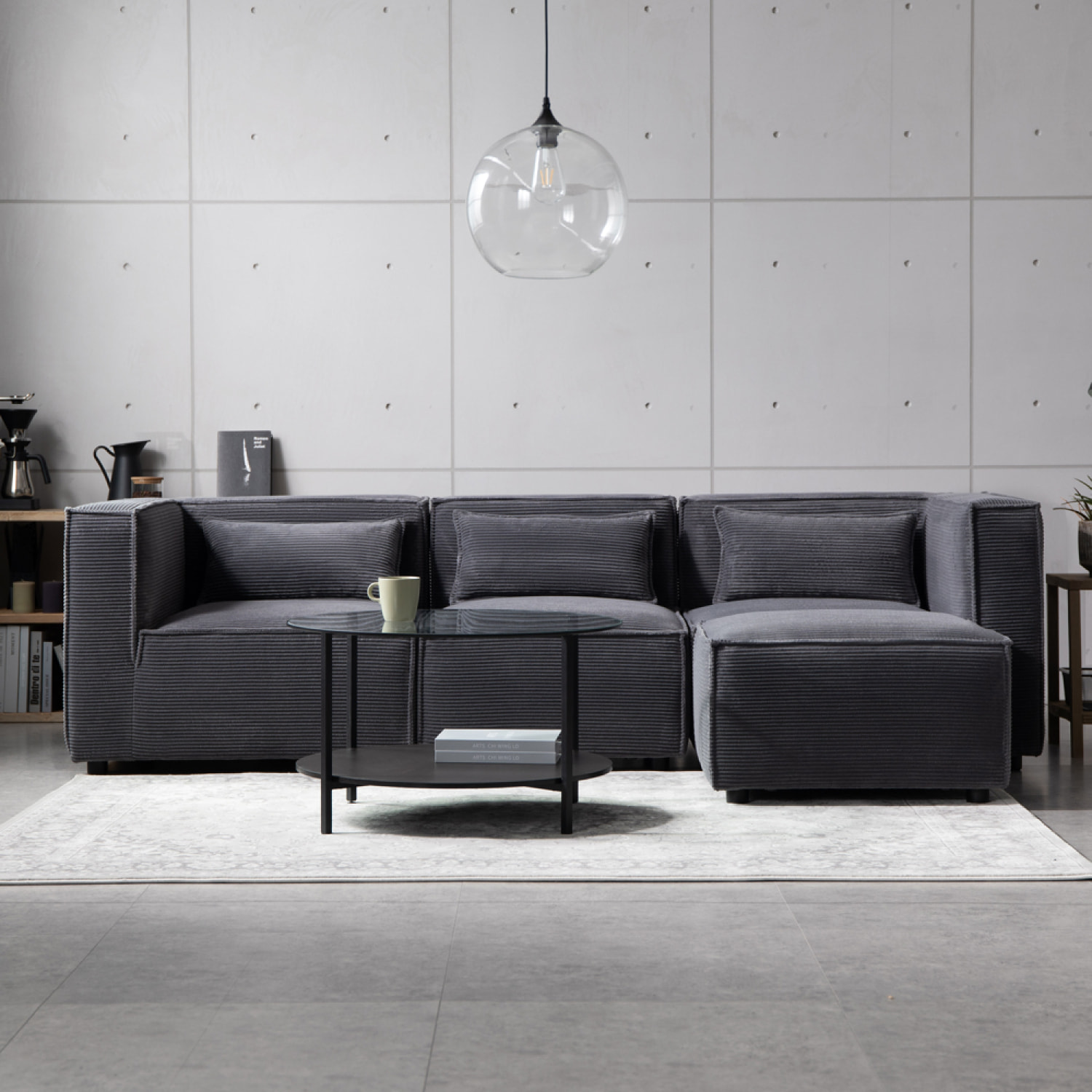 RAMOS Canapé modulable 3 places velours côtelé gris avec pouf