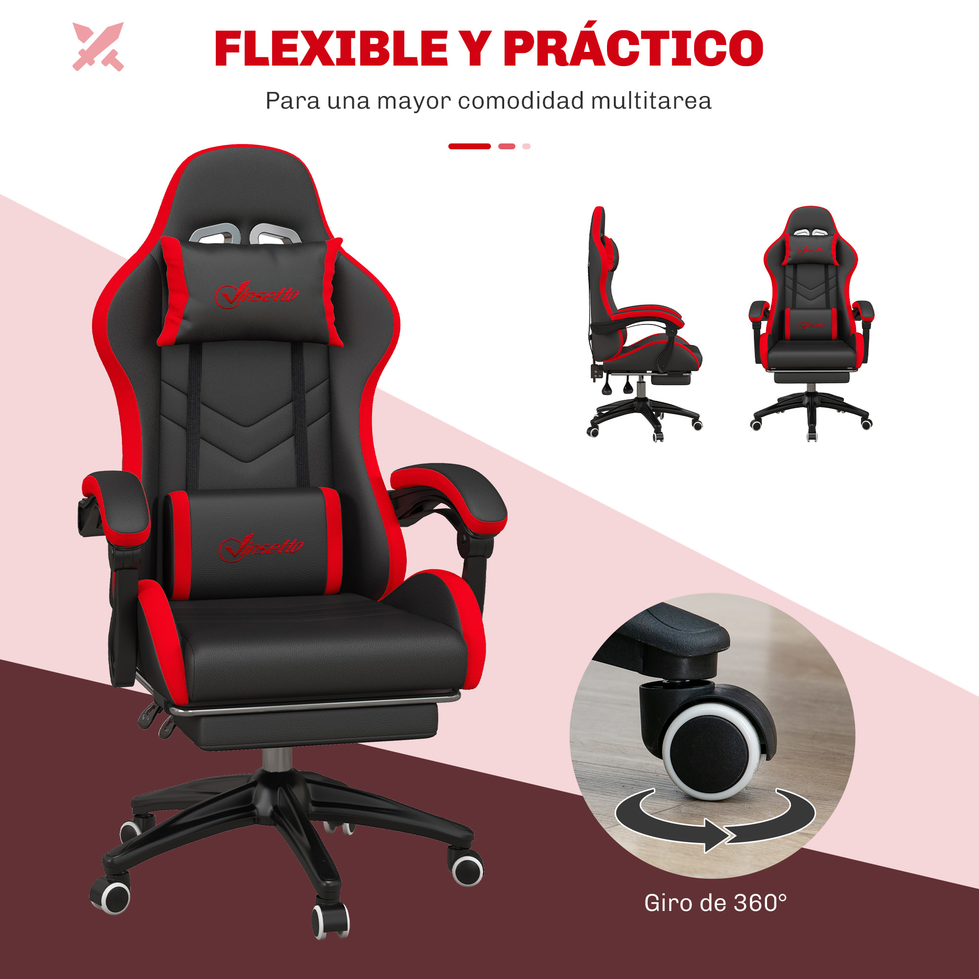 Silla Gaming Ergonómica Reclinable 135°, Silla Gamer Racing de Cuero PU con Soporte Lumbar, Altura Ajustable, Reposacabezas y Reposapiés Retráctil, para Oficina, Estudio, Negro y Rojo