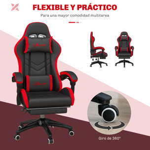 Silla Gaming Ergonómica Reclinable 135°, Silla Gamer Racing de Cuero PU con Soporte Lumbar, Altura Ajustable, Reposacabezas y Reposapiés Retráctil, para Oficina, Estudio, Negro y Rojo