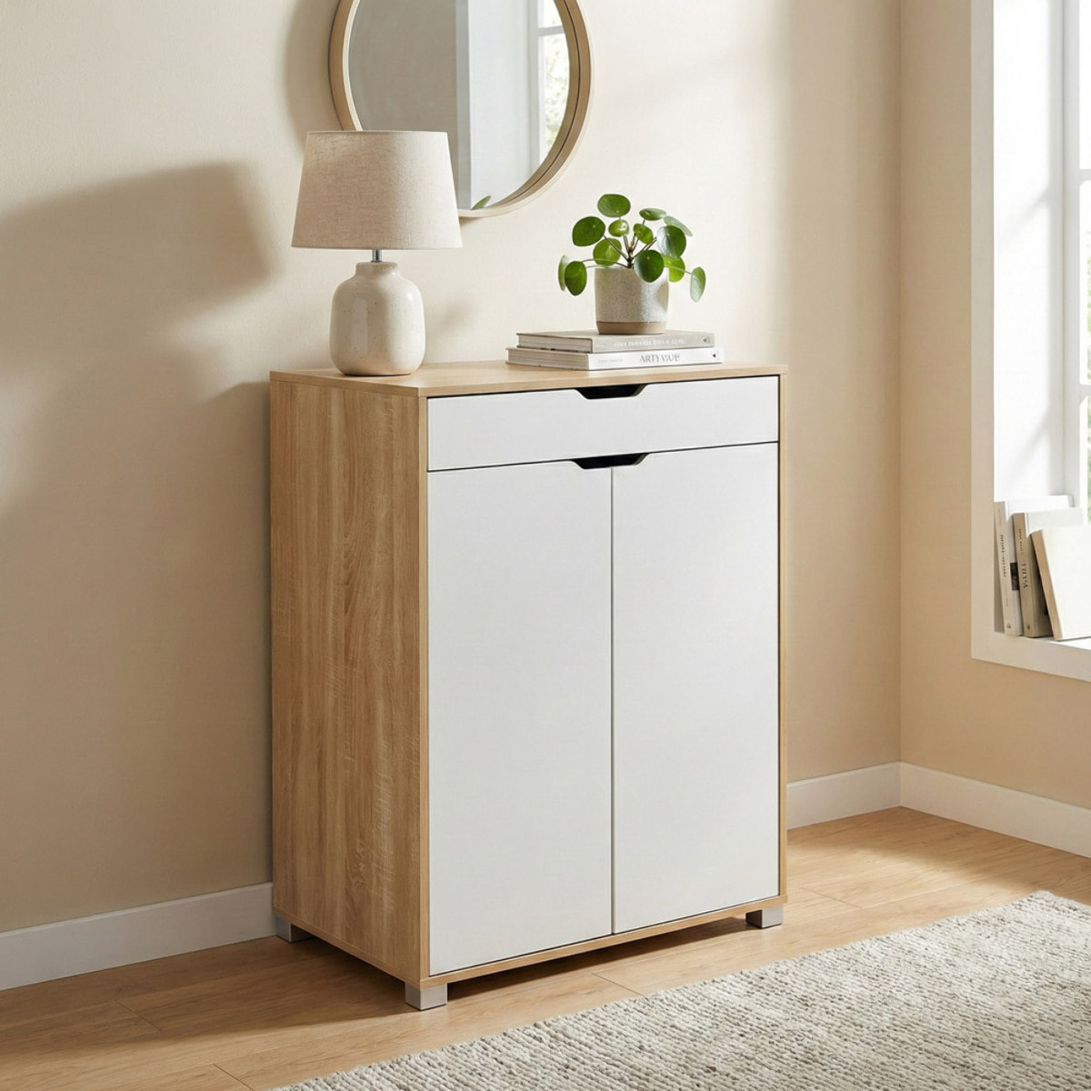 Mobiletto 2 ante e 1 cassetto bianco e rovere 76