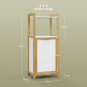 Meuble bas de salle de bain sur pied - 2 étagères, panier à linge - dim. 40L x 30l x 86,5H cm - bambou MDF blanc