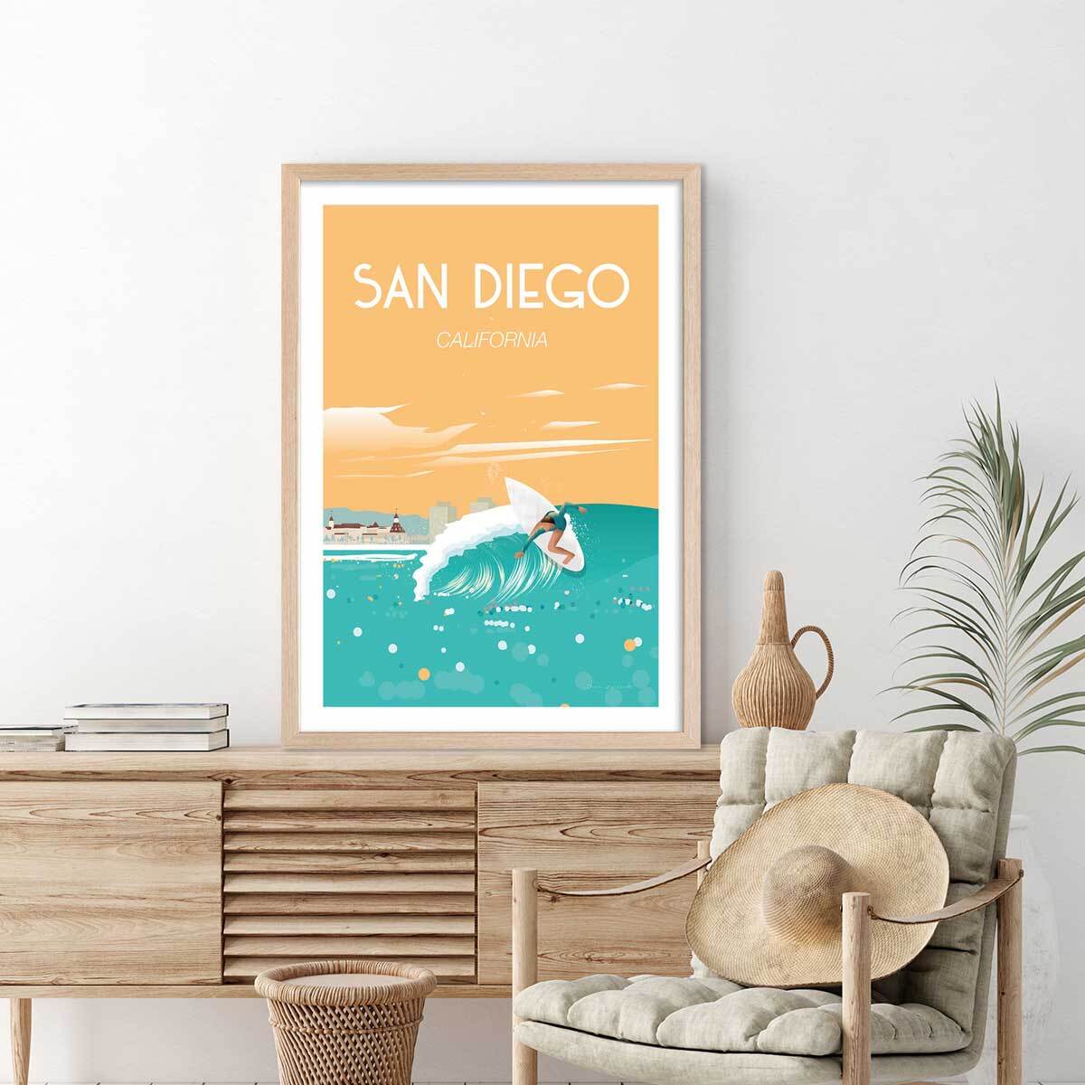 Affiche ville voyage San Diego California Affiche + cadre en bois - Chêne