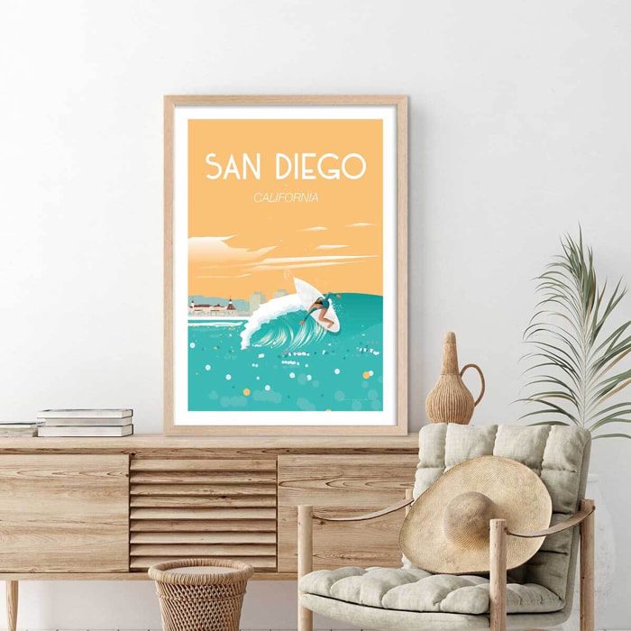 Affiche ville voyage San Diego California Affiche + cadre en bois - Chêne