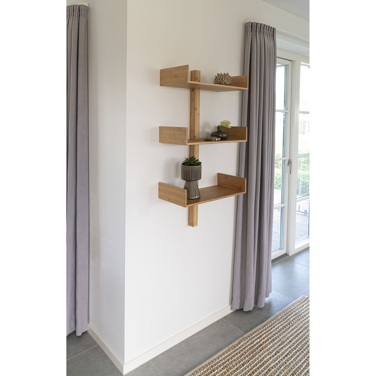 Libreria a muro Villa in bambù naturale con 3 ripiani 50x25x102 cm