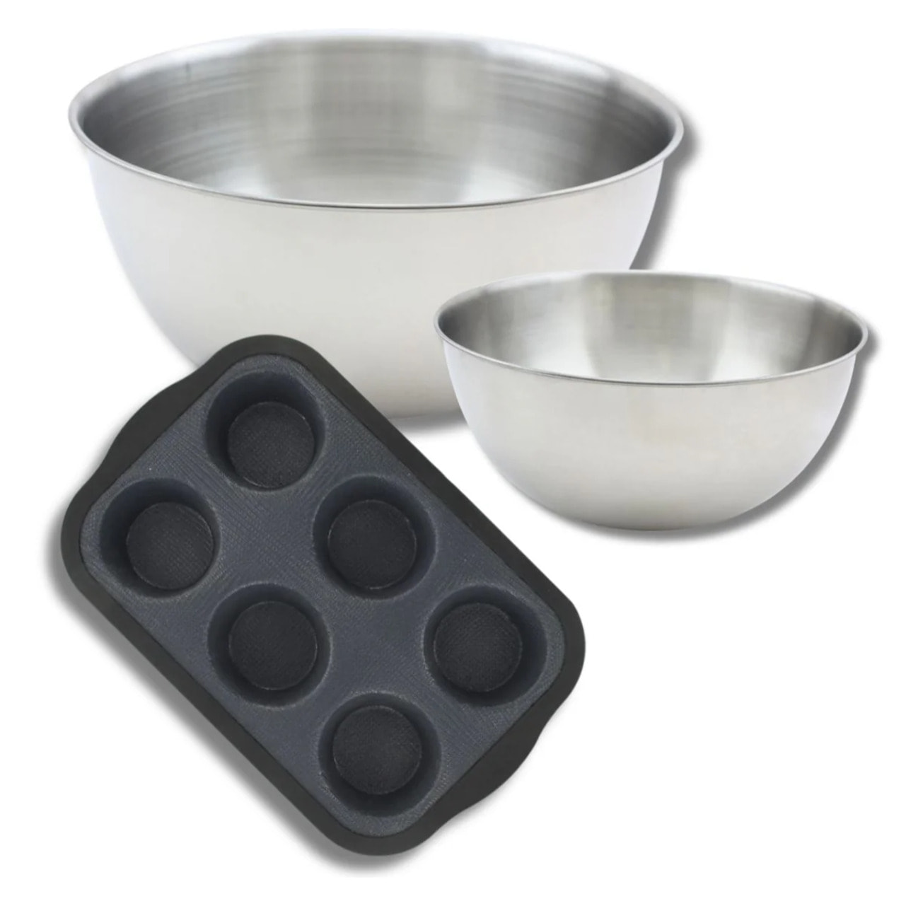 Lot de pâtisserie avec 1 Moule à muffins en silicone fibre de verre, 1 spatule Zenker et 2 bols à mixer en inox Fackelmann