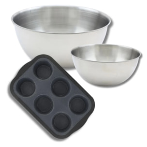 Lot de pâtisserie avec 1 Moule à muffins en silicone fibre de verre, 1 spatule Zenker et 2 bols à mixer en inox Fackelmann