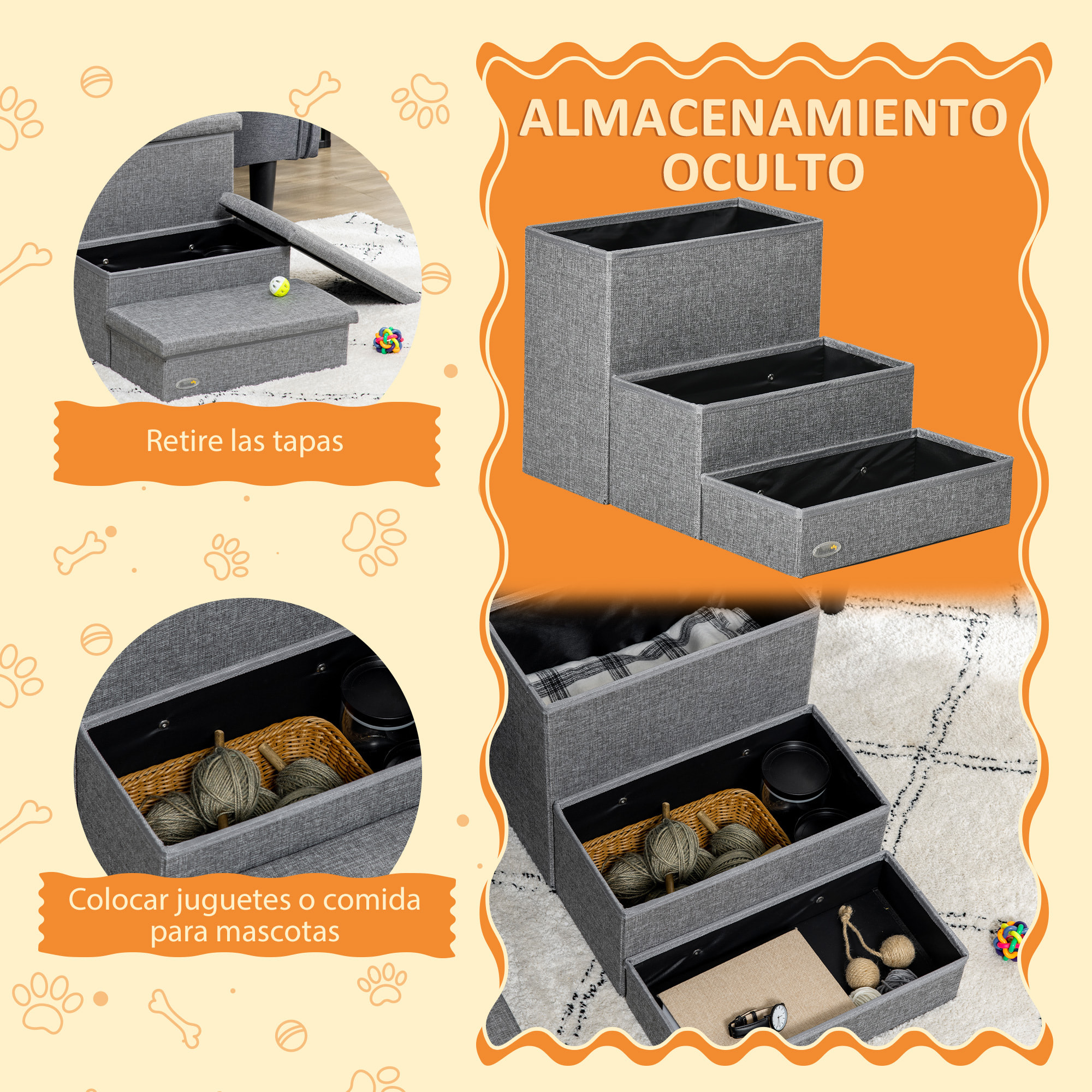 Escalera para Mascotas de 3 Peldaños Escalones para Perros Gatos con Tapas Abribles y Espacio de Almacenamiento 63,5x42,5x40,5 cm Gris