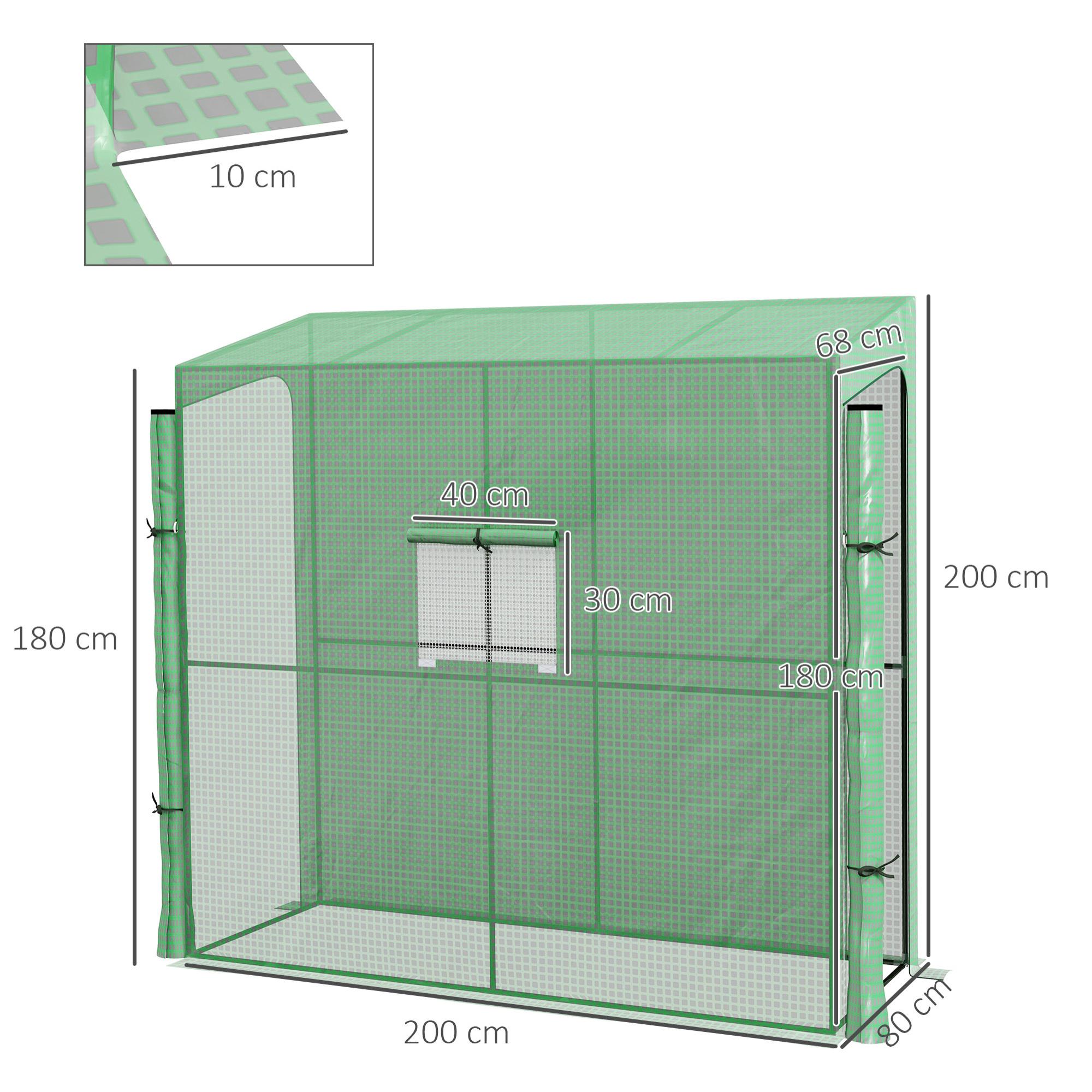 Serre de jardin adossée serre adossée dim. 2L x 0,8l x 2H m 2 portes zippées fenêtre acier PE haute densité vert