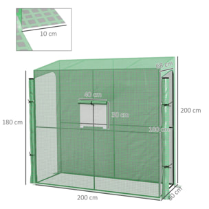 Serre de jardin adossée serre adossée dim. 2L x 0,8l x 2H m 2 portes zippées fenêtre acier PE haute densité vert