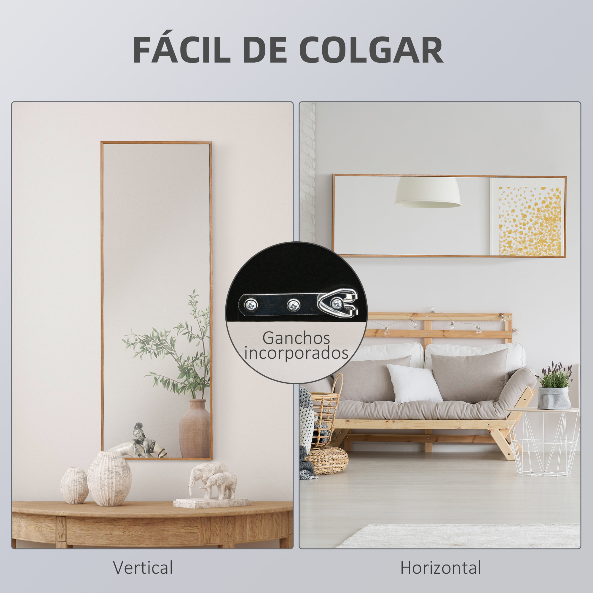 Espejo de Pared Cuerpo Entero 125x45 cm Espejo Rectangular Grande de Madera Estilo Moderno Decorativo para Salón Dormitorio Entrada Natural