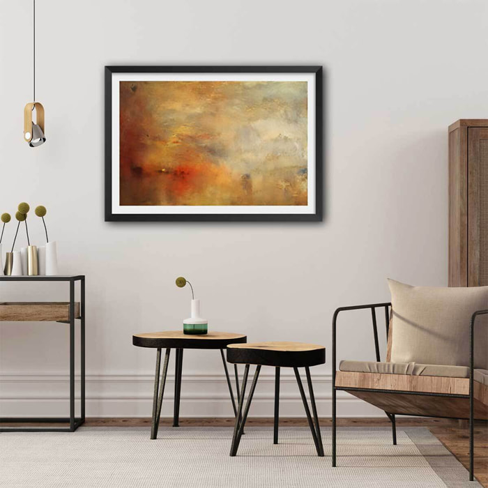 Poster Soleil couchant sur un lac - Joseph Mallord William Turner Affiche + cadre en bois - Noir