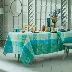 Chemin de table pur coton motif jacquard vert bleu Mille feuillages turquoise