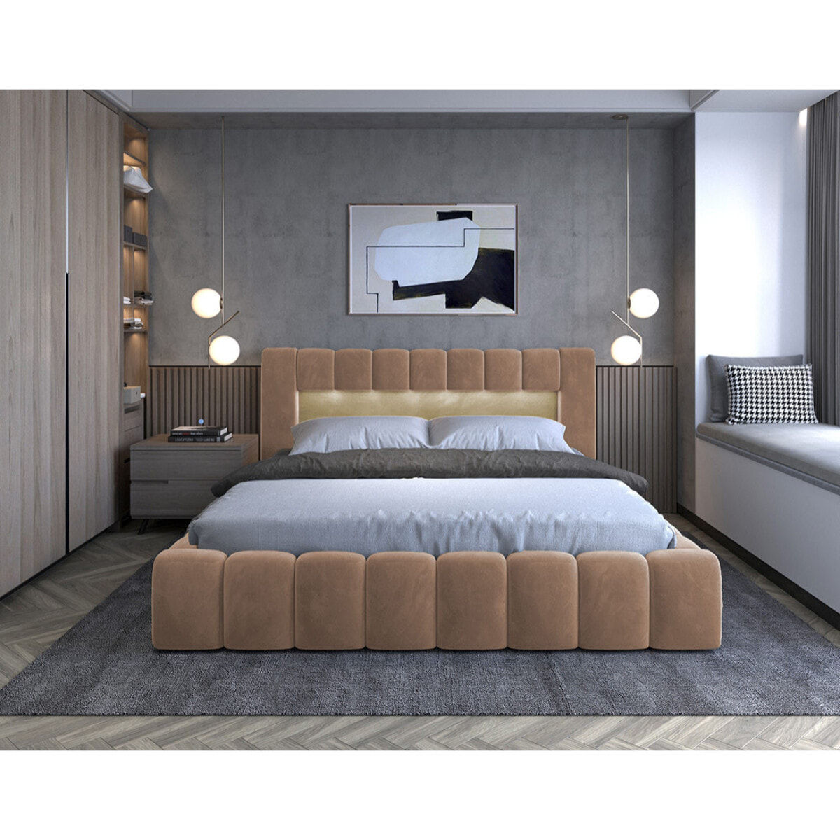Cleo - lit coffre avec led - 160x200 cm - sommier inclus - en velours - Taupe