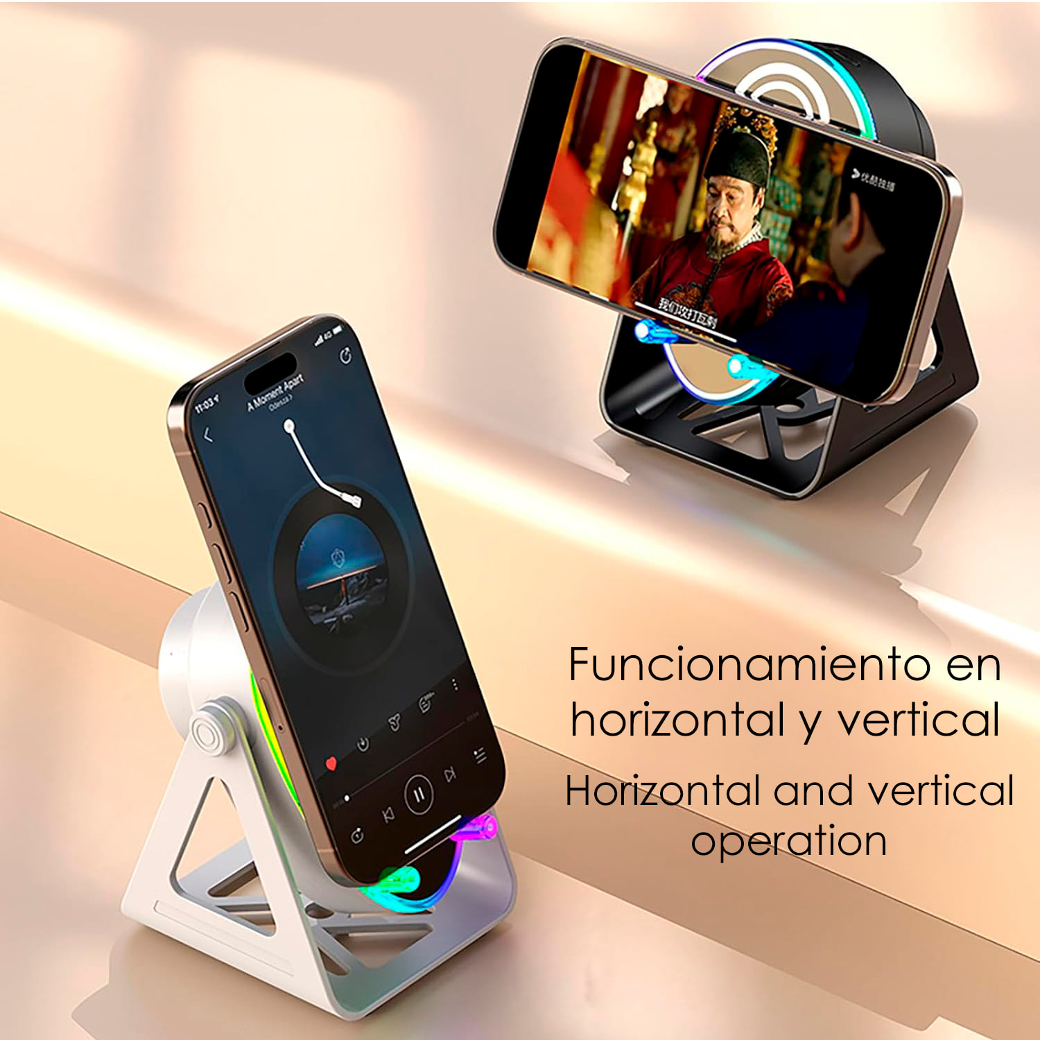 Altoparlante H68 con tecnologia di induzione intelligente che amplifica il suono posizionando il mobile sopra. Con Bluetooth, ricarica wireless da 15W e luci LED multicolori.