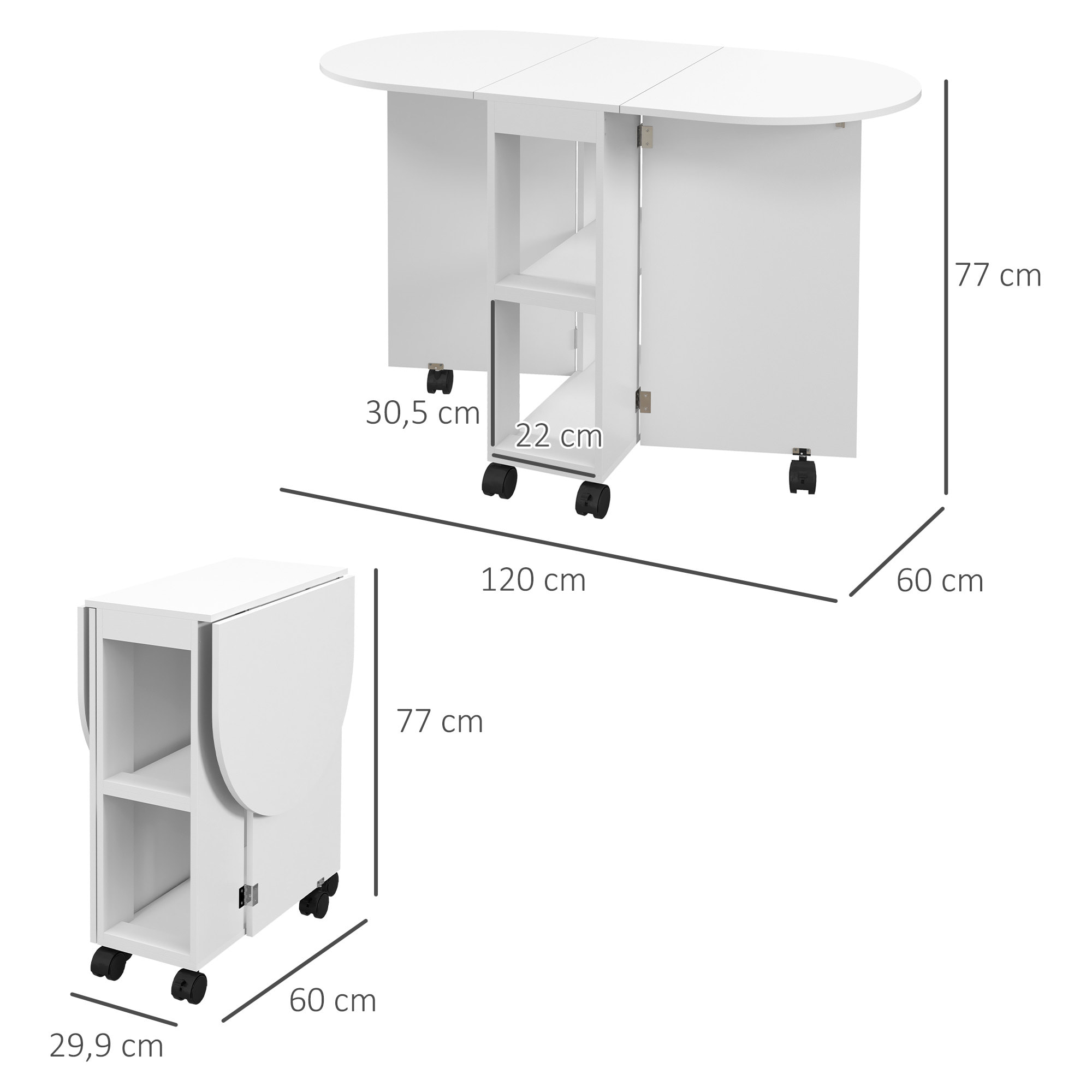 Mesa de Comedor Plegable Mesa de Cocina Moderno con Ruedas Laterales Abatibles y 2 Estantes Abiertos Carga 80 kg 120x60x77 cm Blanco