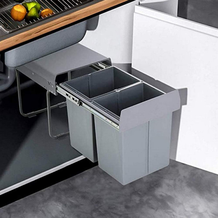 Contenedor de reciclaje para mueble de cocina, cubos de basura bajo fregadero, fijación inferior y extracción manual, cubos extraíbles, con tapa