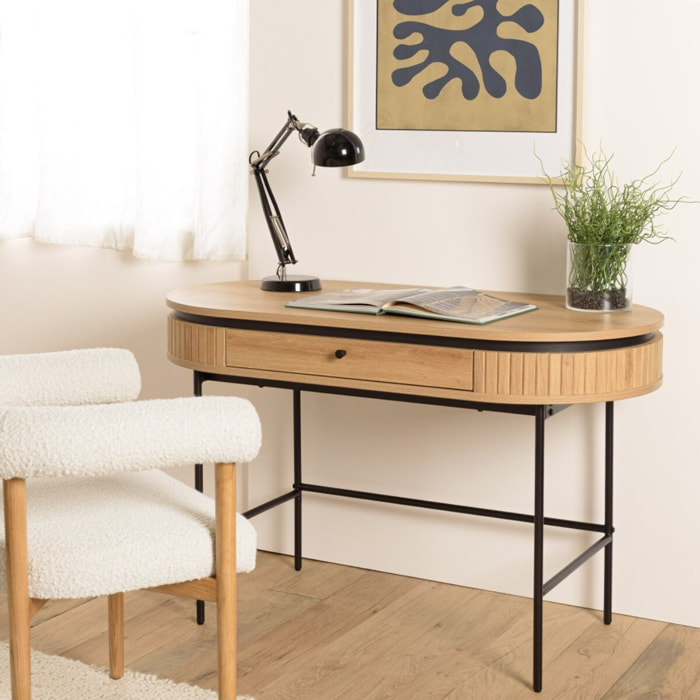 ETHAN - Bureau arrondi couleur naturelle 1 tiroir pieds métal noir