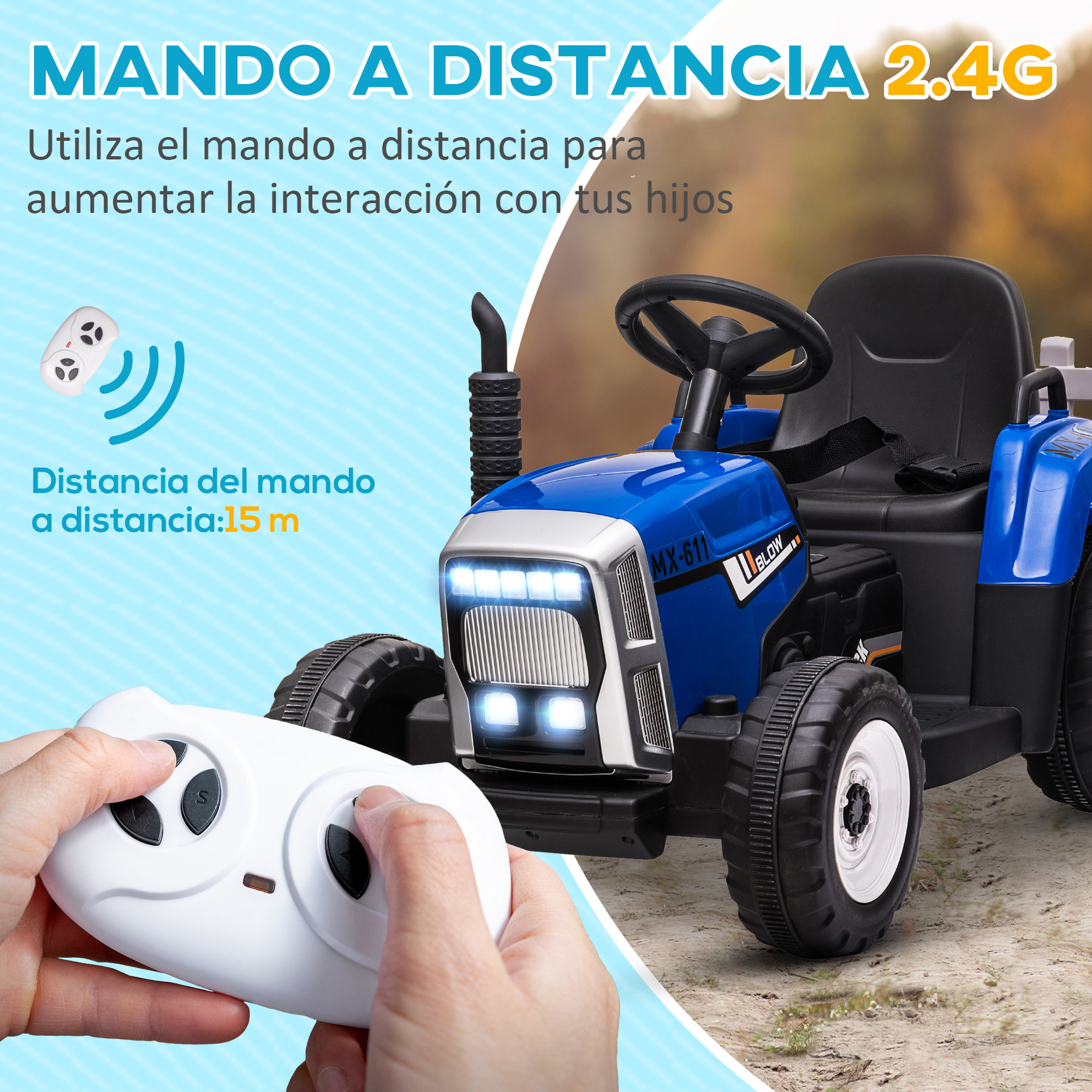 Tractor Eléctrico con Remolque Desmontable Coche Eléctrico para Niños 3-6 Años con Control Remoto Música MP3 Pantalla Luces y Cinturón de Seguridad 136,5x50x52,5 cm Azul