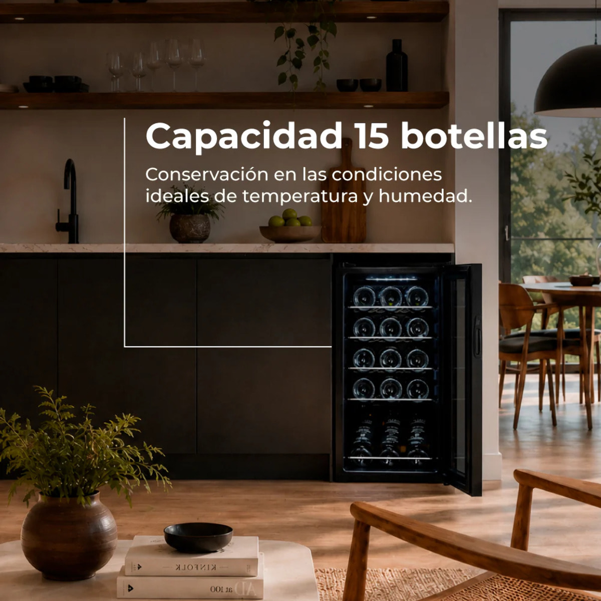 EVVO Vinoteca para 15 botellas VT15, termoeléctrico, compresor, 5-18ºC regulable, muy silencioso 41 dB, pantalla táctil, diplay LED, luz interior