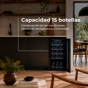 EVVO Vinoteca para 15 botellas VT15, termoeléctrico, compresor, 5-18ºC regulable, muy silencioso 41 dB, pantalla táctil, diplay LED, luz interior