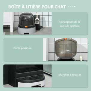 Maison de toilette litière pour chat design capsule spatiale - porte, capot ouvrant, pelle, 2 tiroirs amovibles - gris noir