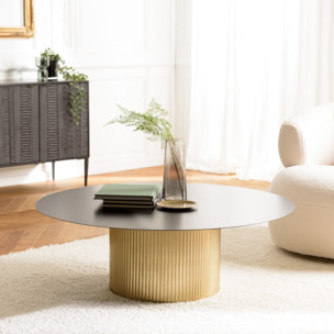 JAMES - Table basse ronde 110x110cm plateau en fer noir pied strié doré