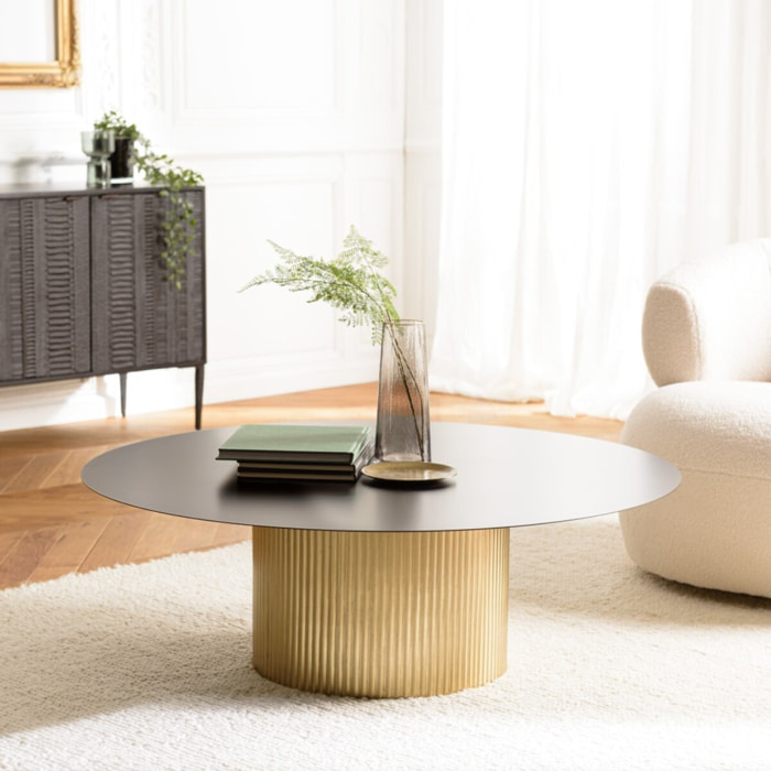 JAMES - Table basse ronde 110x110cm plateau en fer noir pied strié doré
