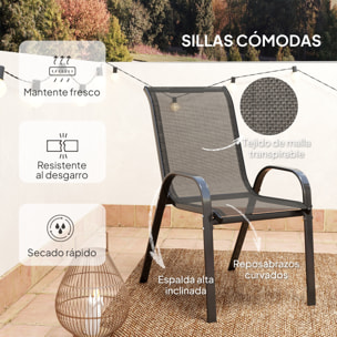 Conjunto de Mesa y Sillas de Terraza Exterior de 3 Piezas Muebles de Jardín Exterior con Sillas Apilables Encimera de Vidrio y Estructura de Acero para Patio Negro