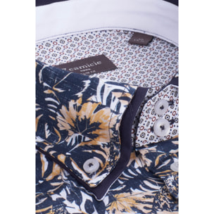 Camicia Uomo 2 Bottoni Button Down 7bottoni Doppio Coll Popeline Stampato Blu e Arancio Chiaro