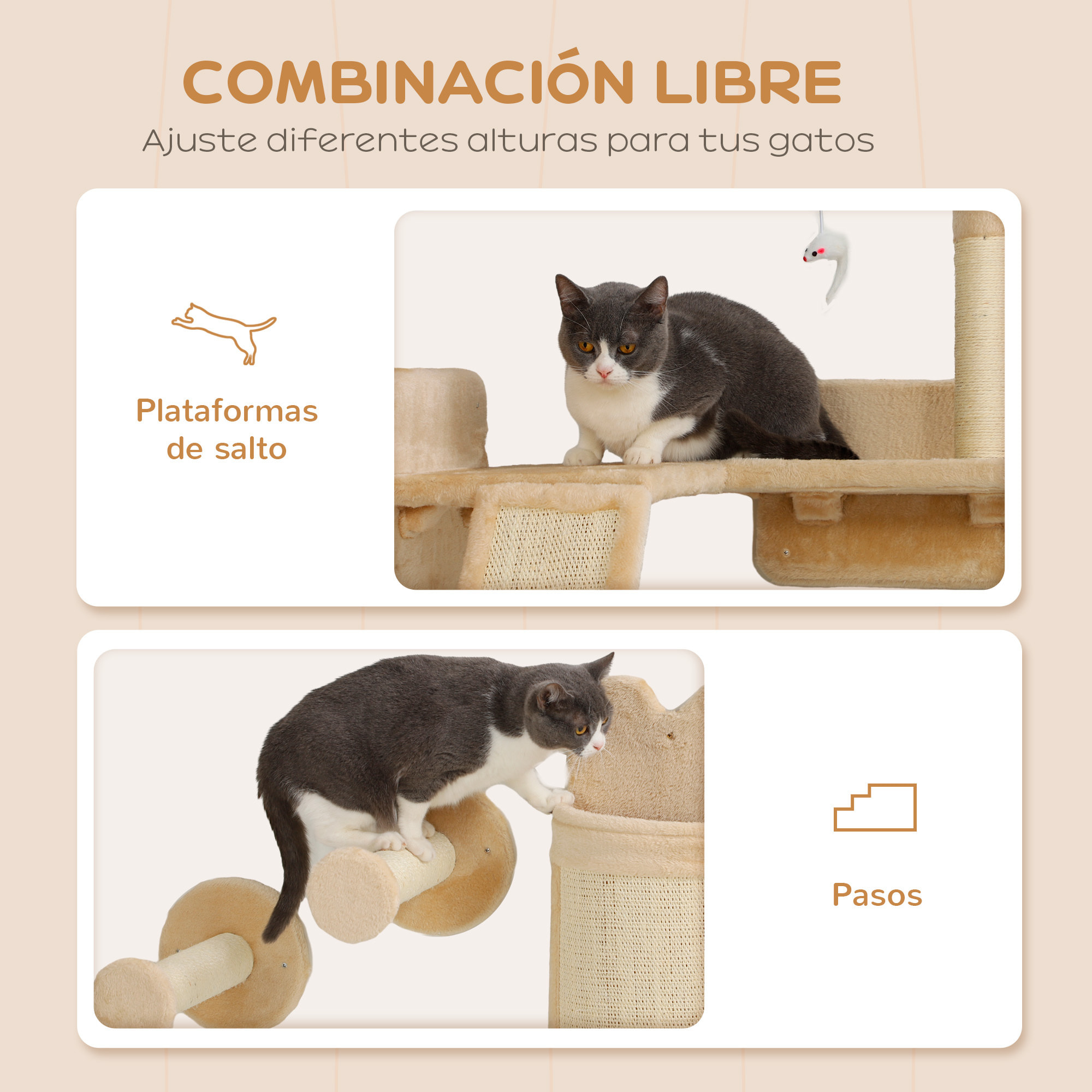 Juego de Estanterías para Gatos de 4 Piezas Rascador de Pared para Gatos con Postes de Sisal Plataforma para Saltar Bola de Juguete Beige