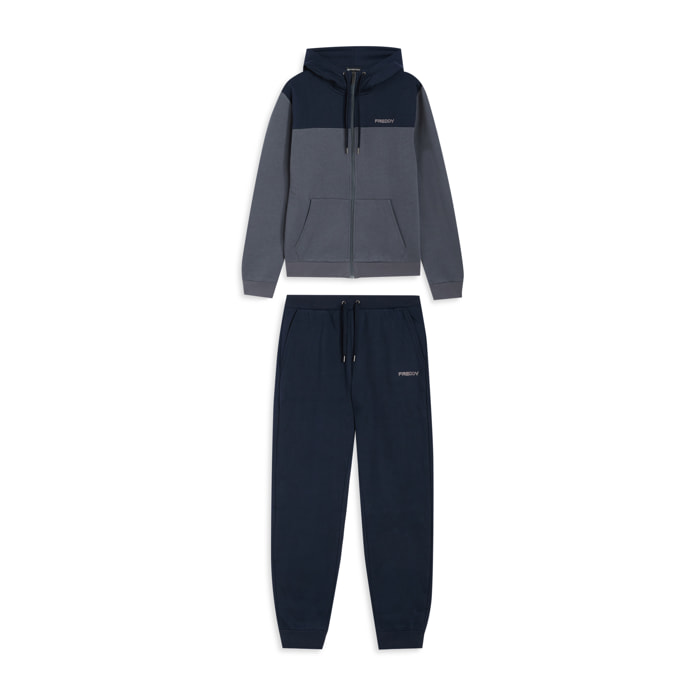 Tuta con cappuccio colour block e fondo a costine