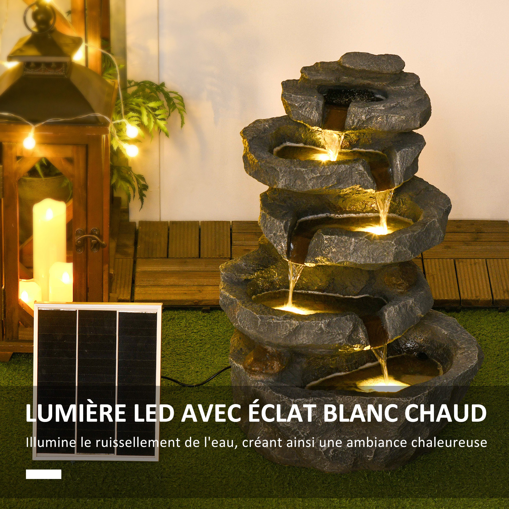 Fontaine de jardin à énergie solaire - fontaine roche cascade 5 niv. LED pompe incluse - résine gris