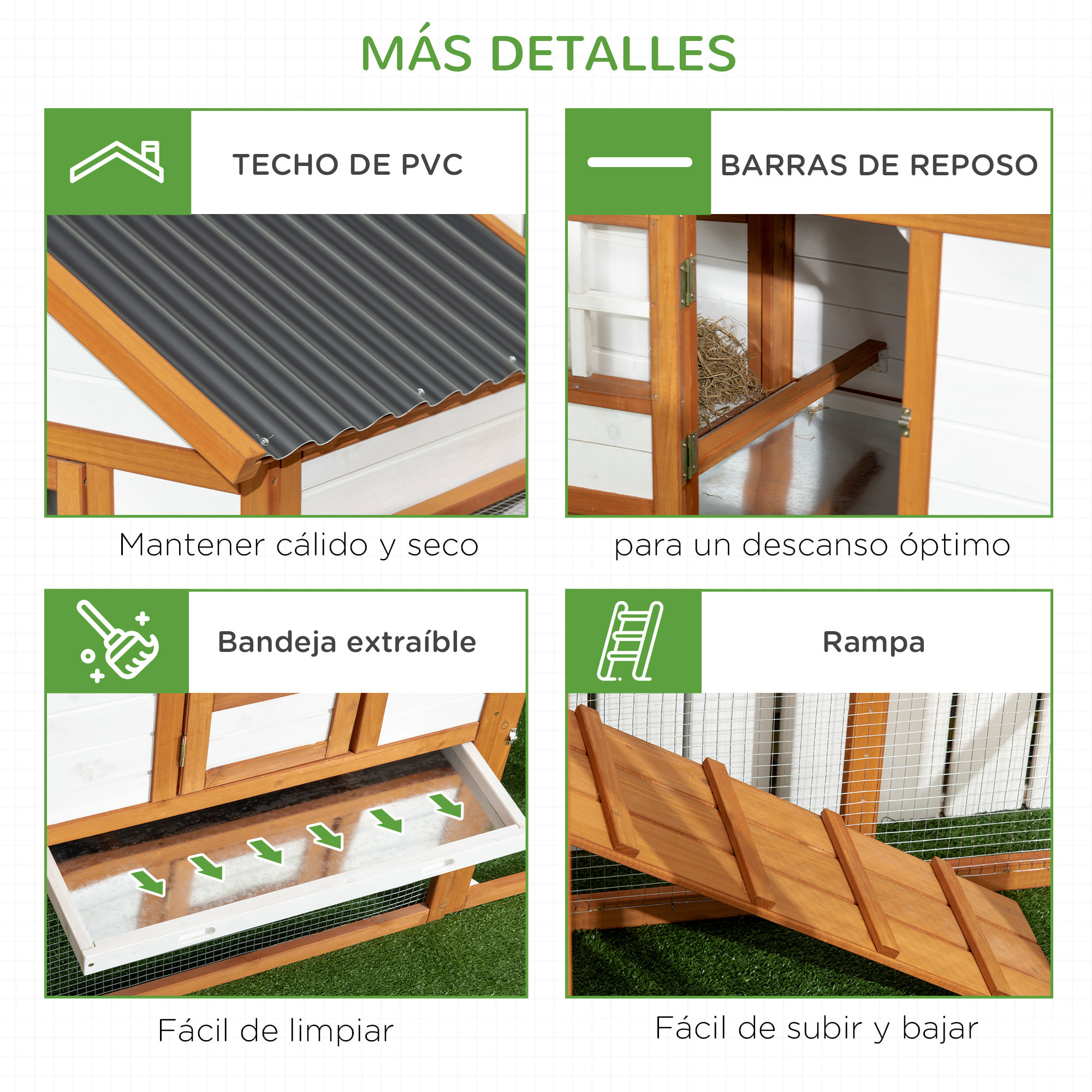 Gallinero de Madera para Exterior 181x79,5x117,5 cm Jaula para 2-4 Gallinas con Techo Resistente al Agua Corral de Metal 2 Perchas Nido Bandeja Extraíble y Rampa Natural