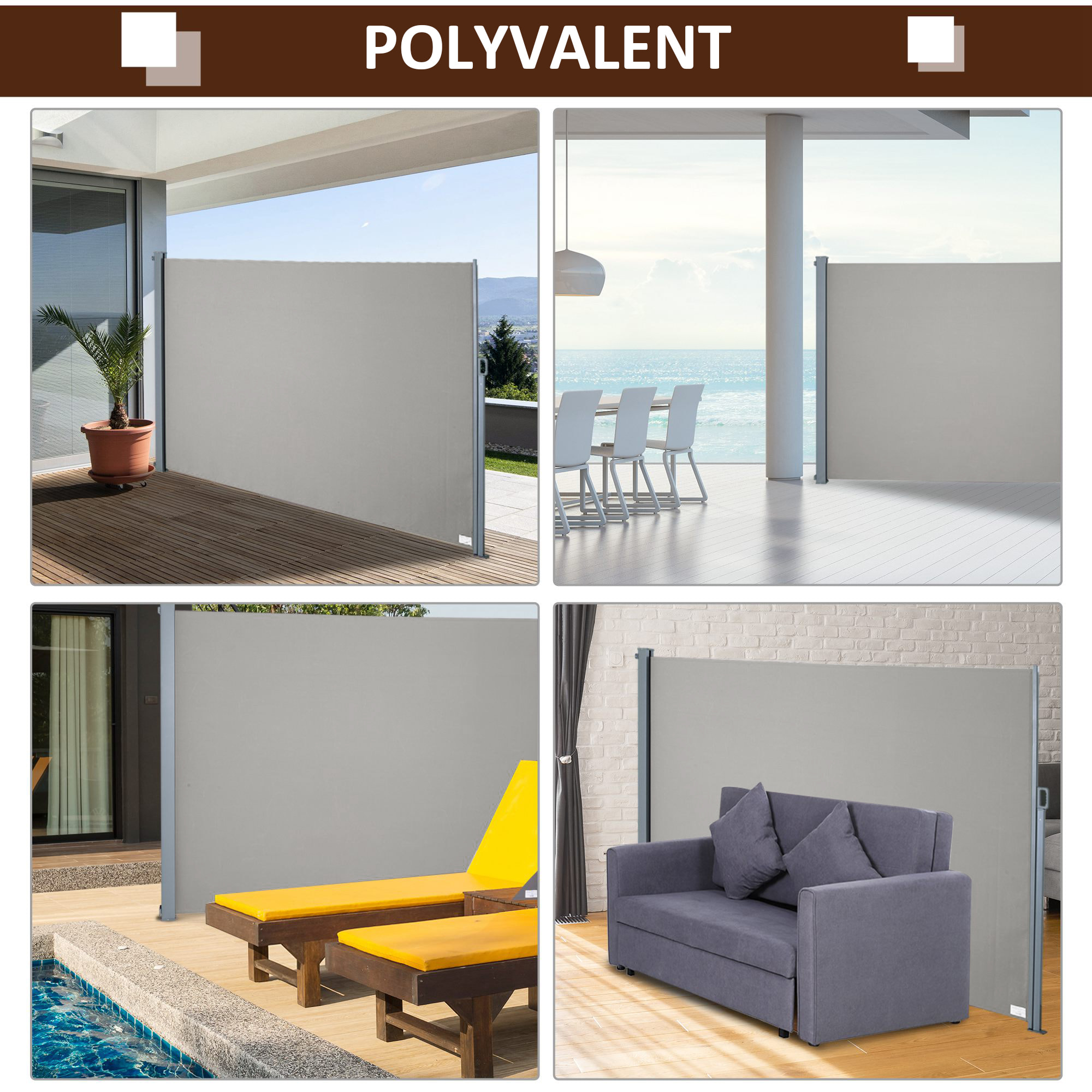Store latéral brise-vue paravent rétractable dim. 3L x 1,60H m alu. polyester anti-UV haute densité 280 g/m² gris