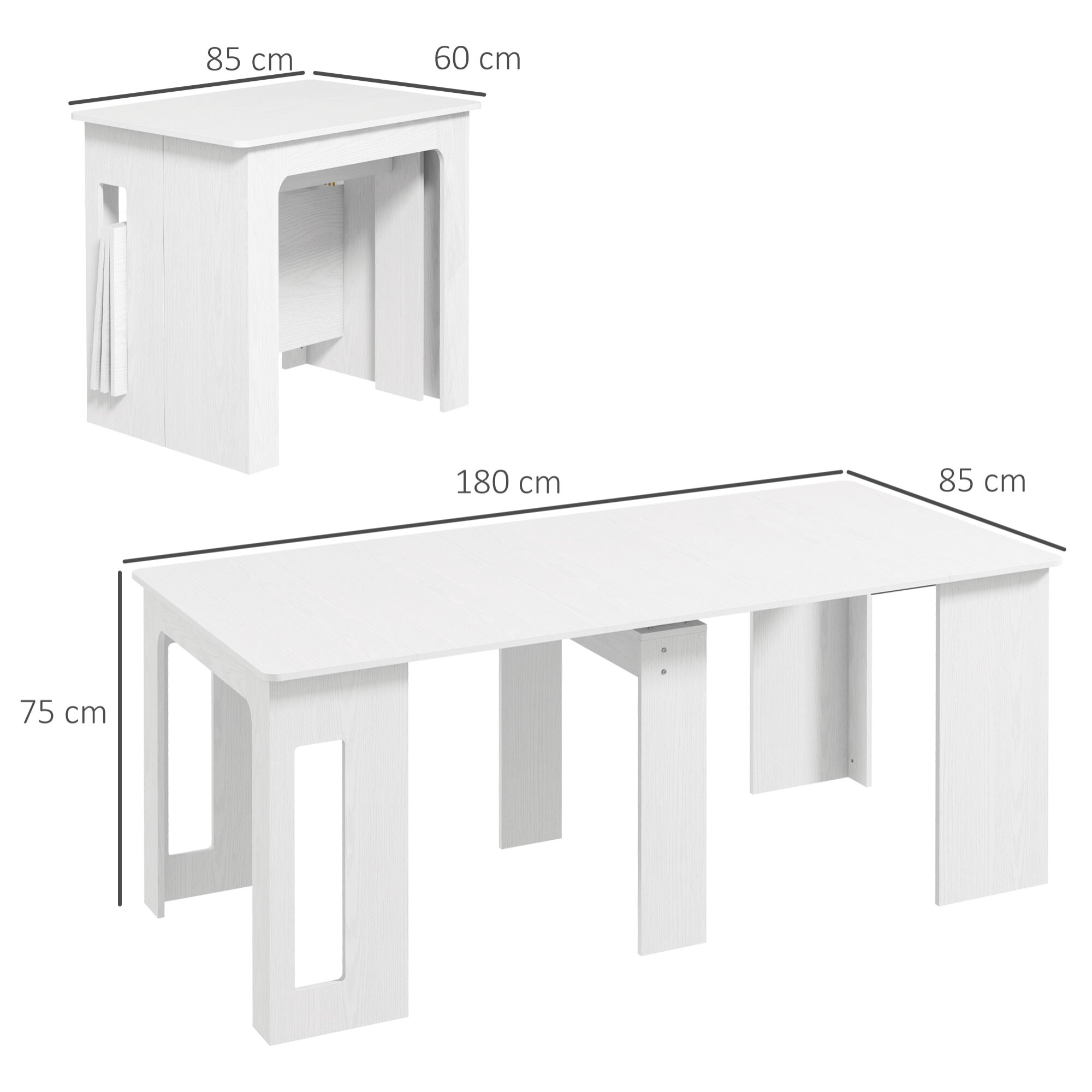 Table console extensible 6 personnes avec rallonges intégrées 85 x 60-180 x 75 cm blanc